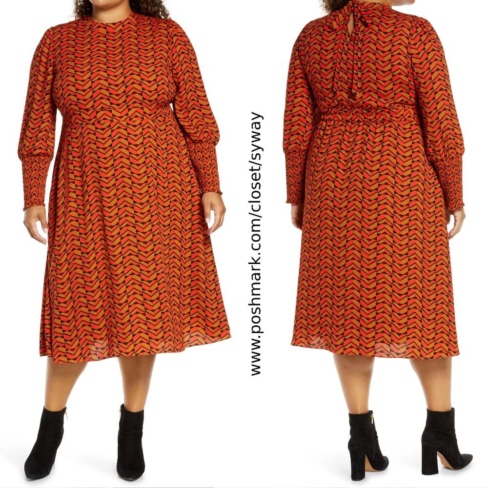 Halogen Tie Back Long Sleeve Dress  In Rust Multi Geo Print